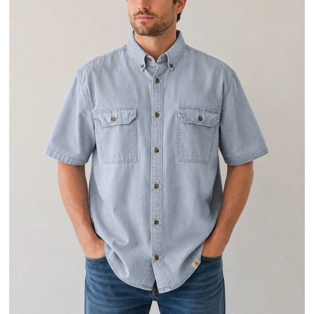Carhartt Men’s Relaxed Fit Short Sleeve Button Down Work Shirt Blue Chambray XL